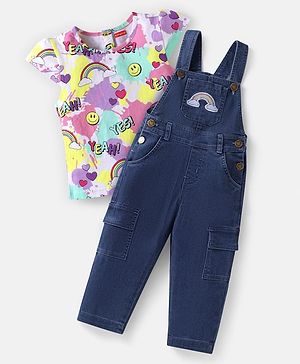 Babyhug Single Jersey Knit Half Cap Sleeves Top & Dungaree with Rainbow Print & Embroidery - White & Blue