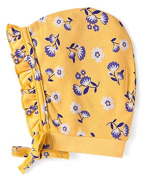 Babyhug 100% Cotton Cap with Floral Print & Frill Detailing Yellow - Diameter 13cm