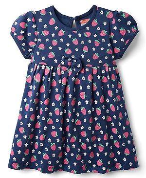Babyhig Single Jersey Knit Half Sleeves Strawberry Printed Frock with Bow Applique - Navy Blue