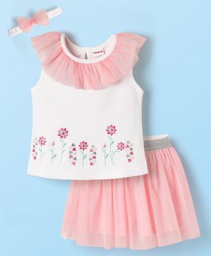 Babyhug Single Jersey Knit Sleeveless Top & Skirt Set With Floral Embroidery & Headband - White & Pink