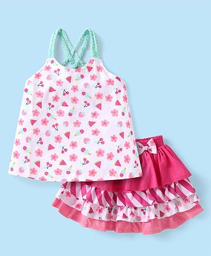 Babyhug Single Jersey Knit Singlet Sleeves Top & Skirt Set with Floral Print & Bow Applique - Pink