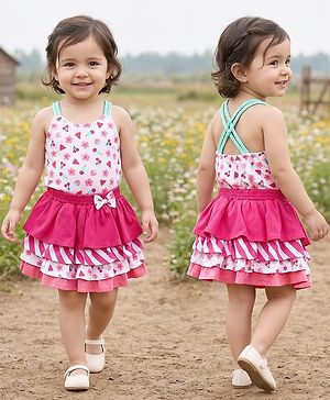 Babyhug Single Jersey Knit Singlet Sleeves Top & Skirt Set with Floral Print & Bow Applique - Pink