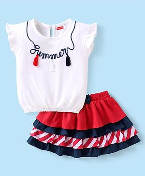 Babyhug Single Jersey Knit Frill Sleeves Top & Skirt Set with Text Embroidery & Bow Applique - White & Red