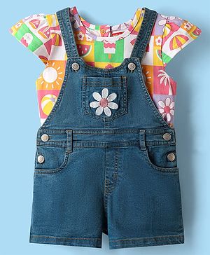Babyhug Single Jersey Knit Dungaree & Cap Sleeves T-Shirt With Tropical Theme Print & Floral Embroidery - Blue