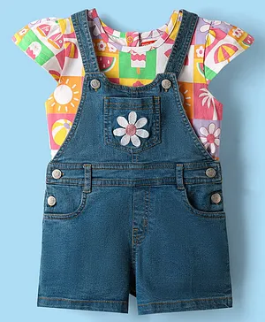 Babyhug Single Jersey Knit Dungaree
                              & Cap Sleeves T-Shirt With Tropical
                              Theme Print & Floral Embroidery -
                              Blue