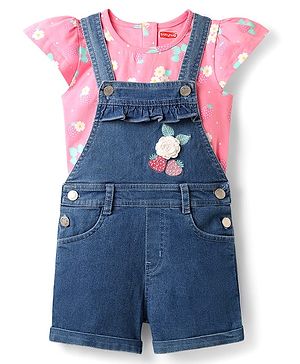 Babyhug Single Jersey Knit Dungaree & Cap Sleeves T-Shirt With Floral Print & Strawberry Embroidery - Blue & Pink