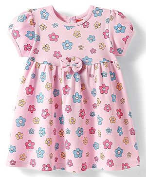 Babyhug Single Jersey Knit Half Sleeves Frock with Floral Print & With Bow Applique - Pink