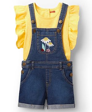 Babyhug Single Jersey Knit Floral Embroidered Dungaree & Frill Sleeves Inner Tee - Yellow & Blue