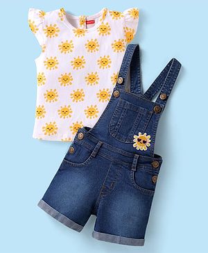 Babyhug Single Jersey Knit Frill Sleeves Dungaree & Top Set with Sun Print - White & Blue