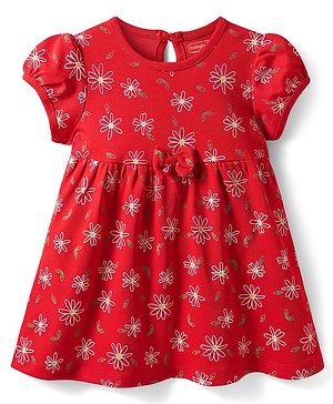 Babyhug Single Jersey Knit Half Puffed Sleeves Frock with Floral Print & Bow Applique - Red
