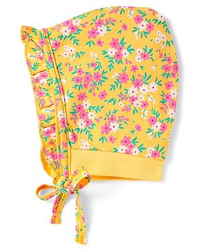 Babyhug 100% Cotton Interlock Knit Cap With Floral Print Yellow - Diameter 13 cm