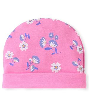 Babyhug Interlock Knit Cap With Floral Print - Pink