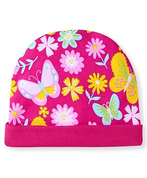 Babyhug 100% Cotton Knit Cap With Floral & Butterfly Print Dark Pink - Diameter 12 cm