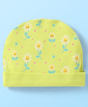 Babyhug 100% Cotton Cap with Floral Print - Lemon Yellow - Diameter 15cm