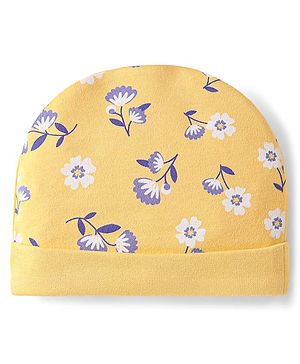 Babyhug 100% Cotton Knit Cap with Floral Print - Yellow