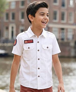 Pine Kids Cotton Woven Half Sleeves Solid Colour Shirt - White