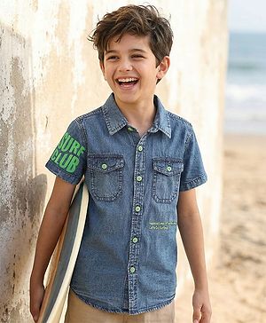Pine Kids Denim Woven Washed Shirt With Text Print - Blue