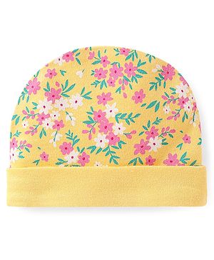 Babyhug Interlock Knit 100% Cotton Floral Printed Cap Yellow - Diameter 10.5cm