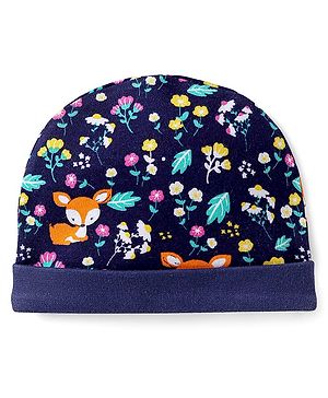Babyhug Interlock Knit 100% Cotton Floral Printed Cap Navy - Diameter 11cm