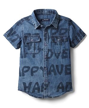 Pine Kids Denim Woven Half Sleeves Washed Shirt With Text Print - Blue