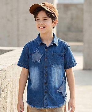 Pine Kids Denim Woven Half Sleeves Washed Shirt With Distressed Star Patch - Blue