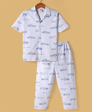 Ollypop Sinker Knit Half Sleeves Night Suit With Car Print - Light Blue