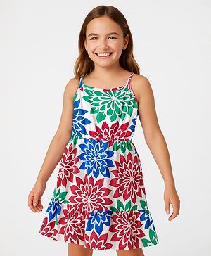 Pine Kids Cotton Knit Sleeveless Frock With Floral Print - White