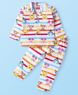 Babyhug Disney Single Jersey Knit Full Sleeves Front Open Night Suit with Winnie the Pooh Print- White
