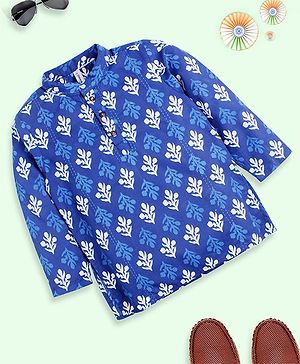 Kiddopanti Cotton Full Sleeves Ethnic Motif Printed Kurta - Blue