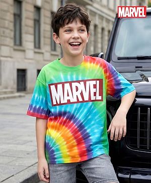Pine Kids Marvel Terry Knit Half Sleeves Oversized And Drop Shoulder T-Shirt With Avengers Graphics And Tie And Dye Detailing - Green & Light Blue