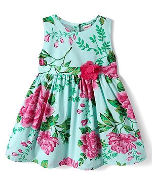 Babyhug Cotton Knit Sleeveless Frock with Floral Print & Applique - Sea Green