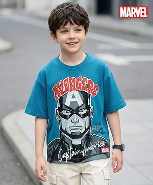 Pine Kids Marvel Terry Knit Half Drop Shoulder Sleeves Oversized T-Shirt with Captain America Puff Graphics - Teal Blue