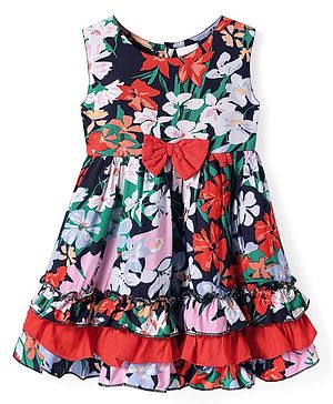 Babyhug Cotton Woven Sleeveless Frock With Floral Print & Bow Applique - Red & Black