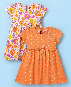 Babyhug Single Jersey Knit Half Sleeves Frocks With Bow Applique & Floral Print Pack Of 2 - Orange & White