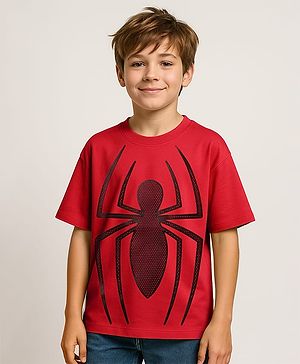 Pine Kids Marvel Single Jersey Knit Half Sleeves Drop Shoulder T-Shirt With Spider Man Graphic - Red