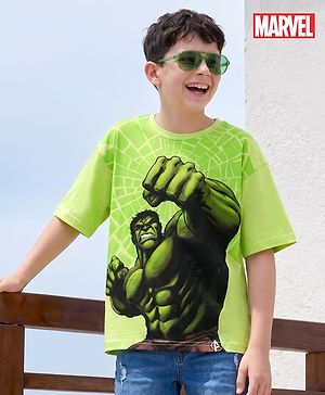Pine Kids Marvel Single Jersey Knit Half Sleeves Drop Shoulder T-Shirt With Avengers Graphic - Limegreen