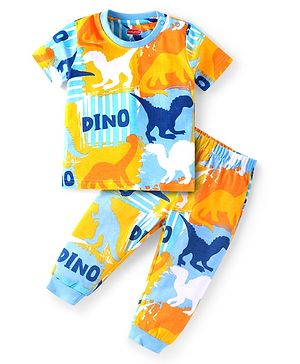 Babyhug Cotton Knit Half Sleeves Night Suit With Dino Print - Light Blue