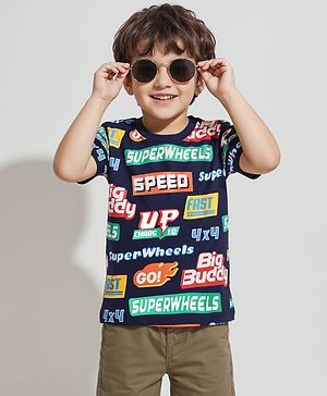 Babyhug Cotton Knit Half Sleeves T-Shirt with Text Print - Navy Blue