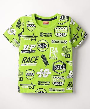 Babyhug Cotton Knit Half Sleeves T-Shirt with Racing Theme Print - Limegreen