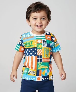 Babyhug Cotton Knit Half Sleeves T-Shirt With Race Text Print - White