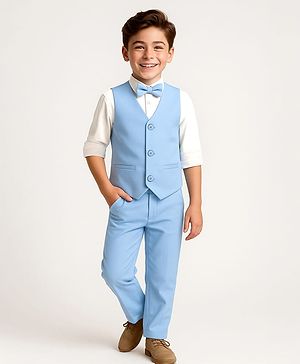 Pine Kids Knit Full Sleeves Solid 3 Piece Party Suit With Bow - Light Blue