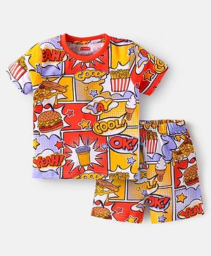 Babyhug Cotton Knit Half Sleeves Shorts Night Suit With Burger & Ice Cream Print - Multicolor