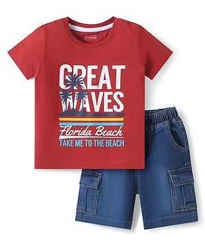 Babyhug Single Jersey Knit Half Sleeves T-Shirt & Denim Shorts Set With Beach Theme Print - Red & Blue
