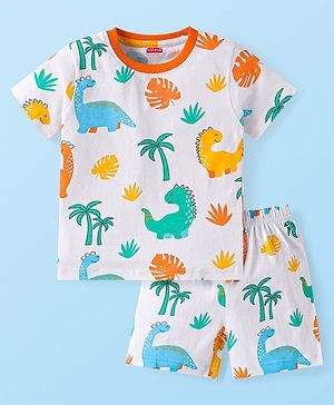Babyhug Cotton Knit Half Sleeves Shorts Night Suit with Jungle Theme Print - White
