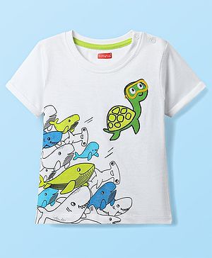 Babyhug Cotton Knit Half Sleeves T-Shirt with Sea Life Print - White