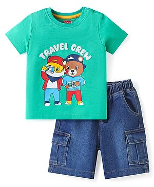 Babyhug Single Jersey Knit Half Sleeves T-Shirt & Denim Shorts Set With Animal Print - Sea Green
