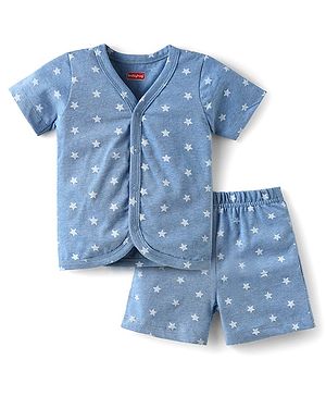 Babyhug Single Jersey Knit Half Sleeves Front Open T-Shirt and Shorts Set with Star Print - Blue
