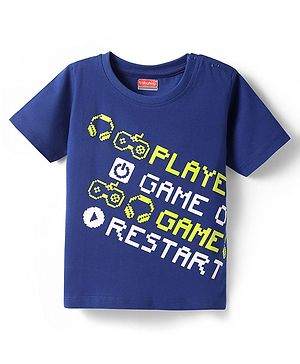 Babyhug Cotton Knit Half Sleeves T-Shirt With Playing Game Text Print - Blue