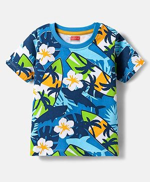 Babyhug Cotton Knit Half Sleeves T-Shirt with Beach Theme Print -  Blue