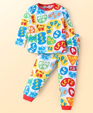 Babyhug Cotton Knit Full Sleeves Co-rds Night Suit with Text Print - Blue